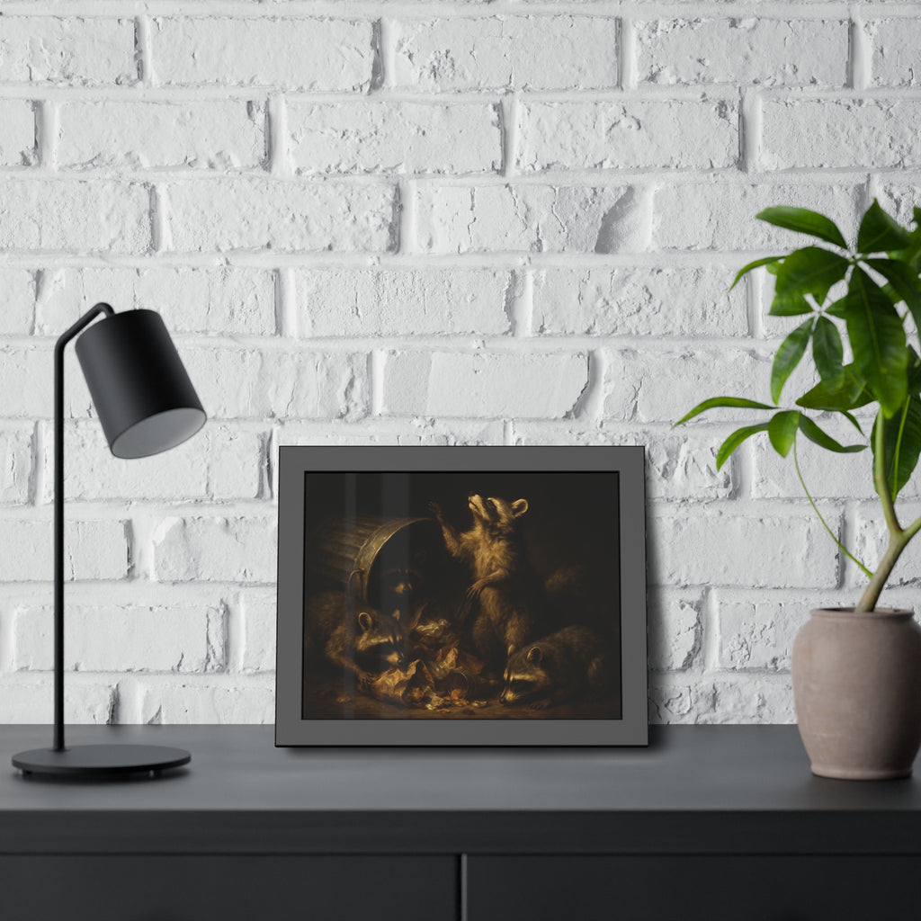 Raccoons around a fallen trash can, one rearing up with a raised paw. The Supper of Shadows by Garabaggio, framed fine art print hanging in a room.
