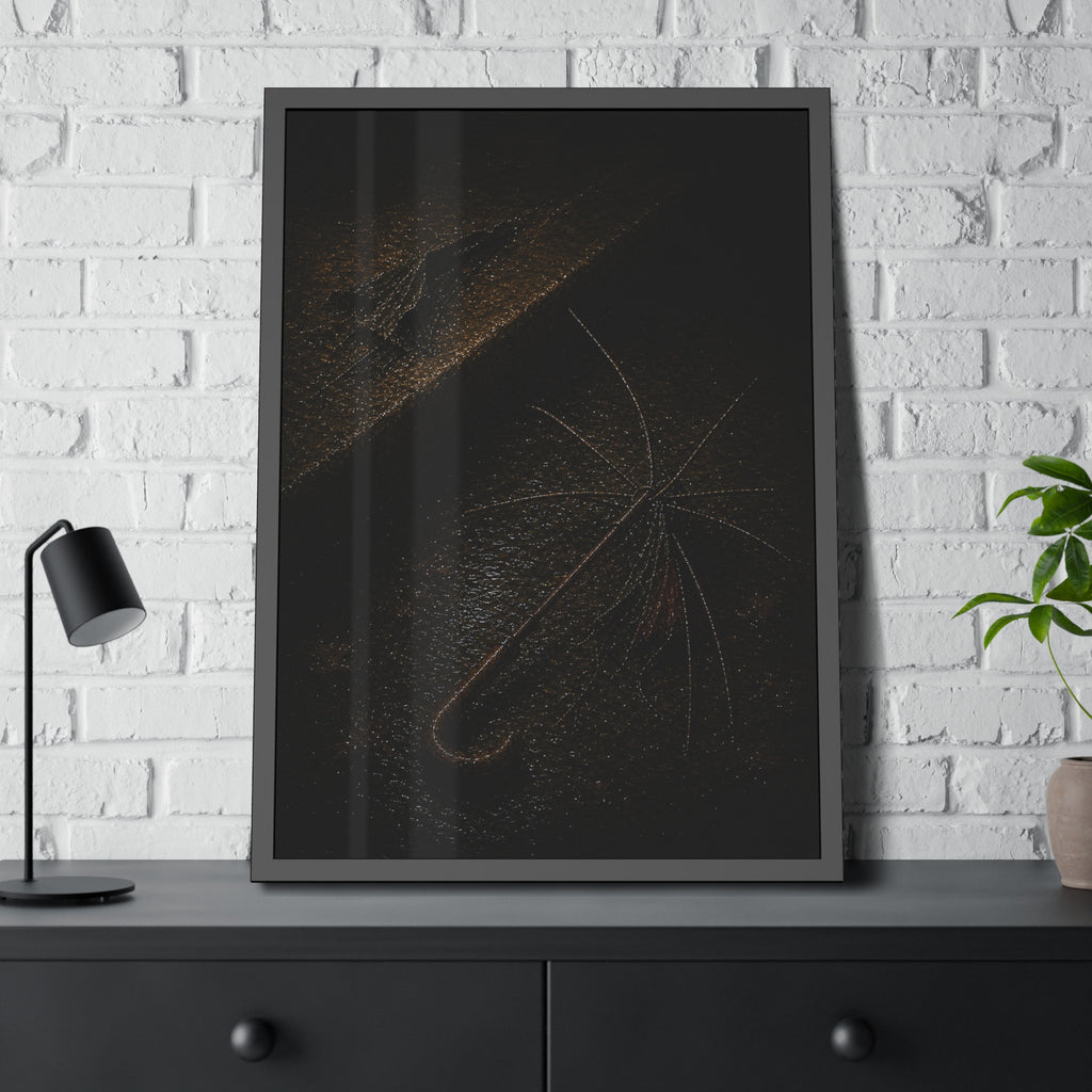 A stripped umbrella frame on wet pavement, its fabric torn away. The Stripping of the Canopy by Garabaggio, framed fine art print hanging in a room.