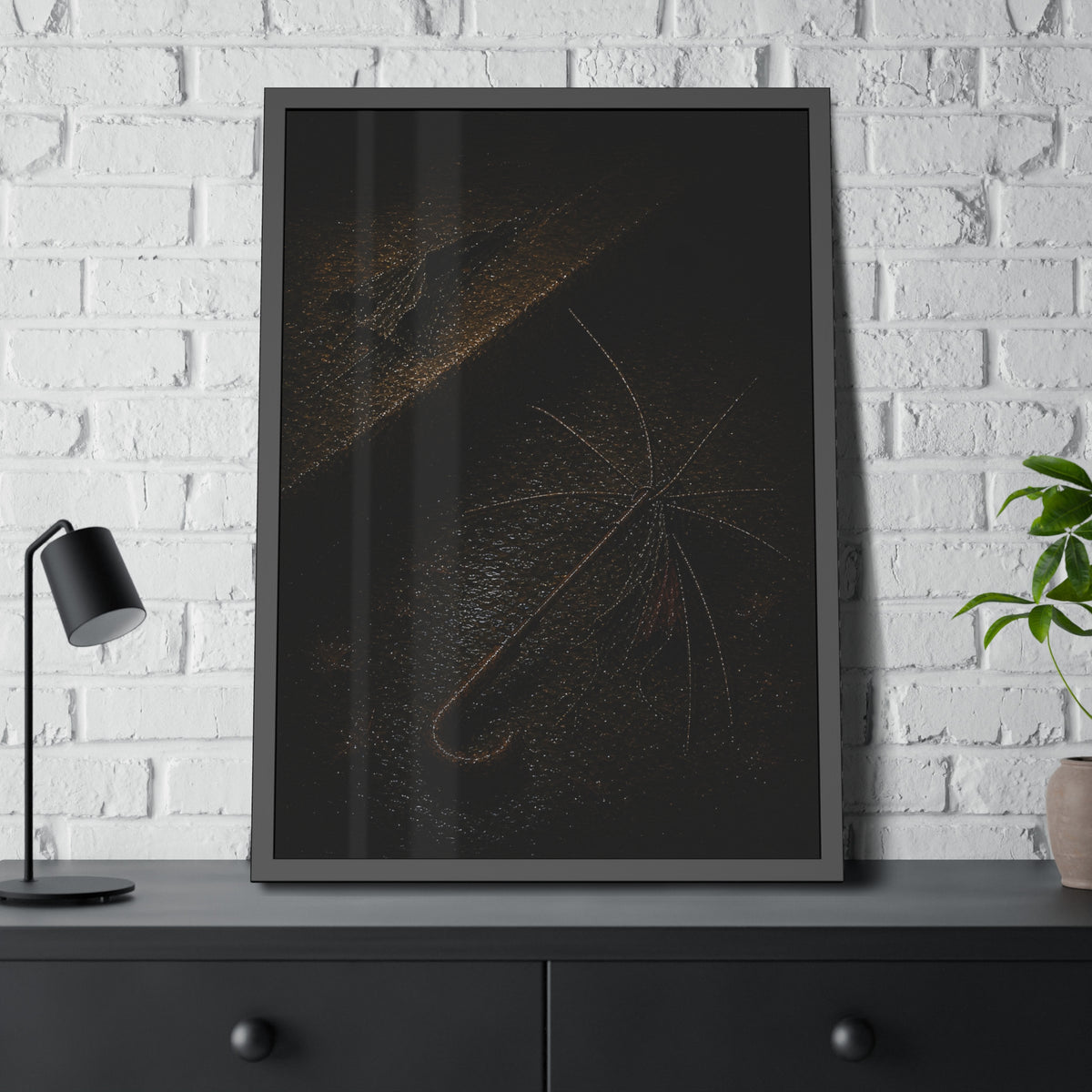 A stripped umbrella frame on wet pavement, its fabric torn away. The Stripping of the Canopy by Garabaggio, framed fine art print hanging in a room.