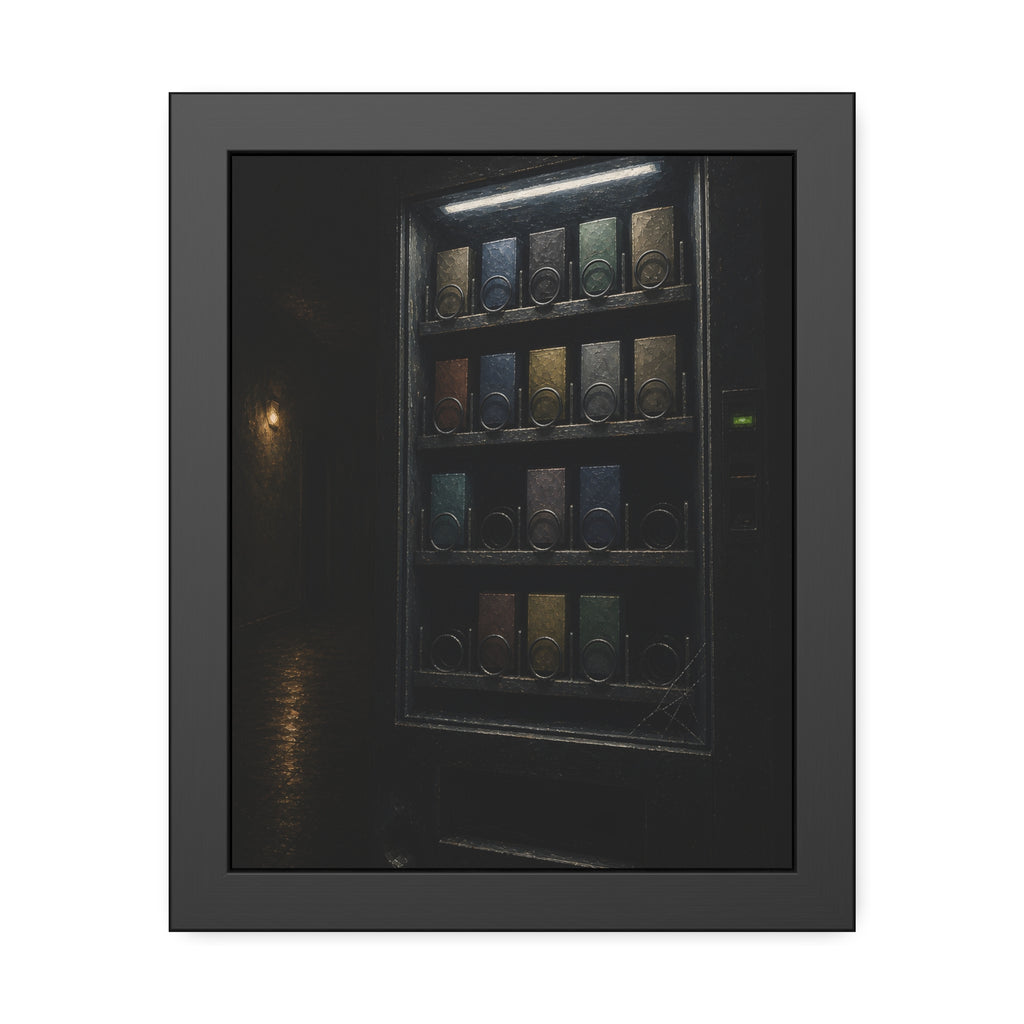 A vending machine with gaps in its rows lighting an empty hallway. The Gaps Spread by Garabaggio, framed fine art print, 11″ x 14″.
