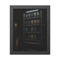 A vending machine with gaps in its rows lighting an empty hallway. The Gaps Spread by Garabaggio, framed fine art print, 11″ x 14″.