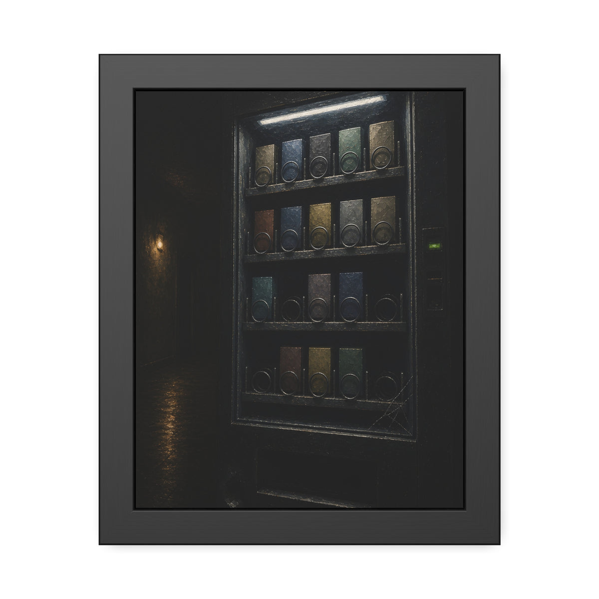 A vending machine with gaps in its rows lighting an empty hallway. The Gaps Spread by Garabaggio, framed fine art print, 11″ x 14″.