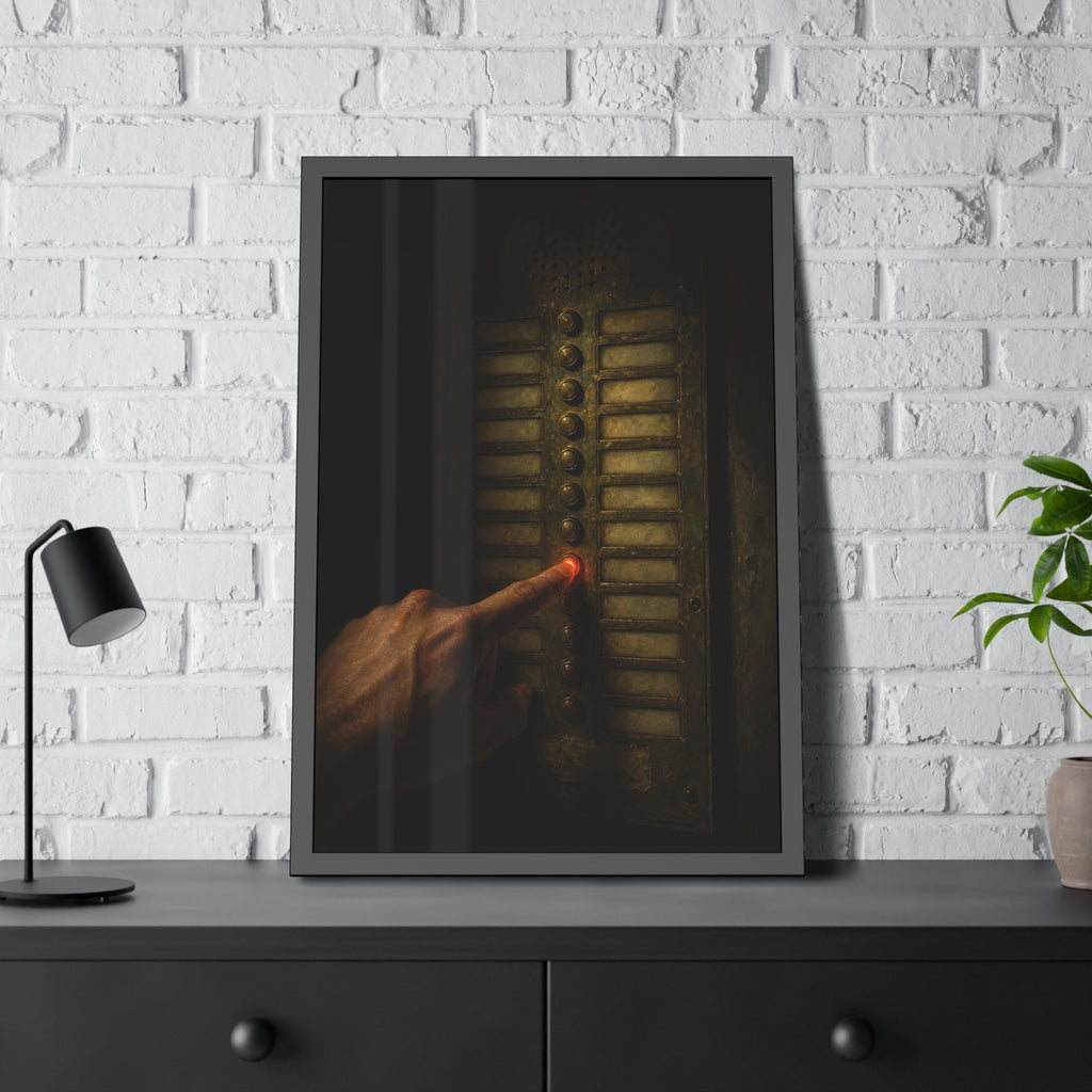A hand pressing one glowing red button on a worn intercom panel. The Finger at Midnight by Garabaggio, framed fine art print hanging in a room.