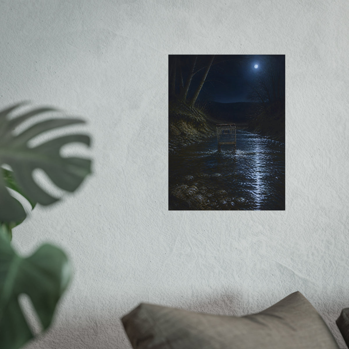 A shopping cart standing in a moonlit creek between dark trees. The Fording of the Creek by Garabaggio, fine art print hanging in a room.