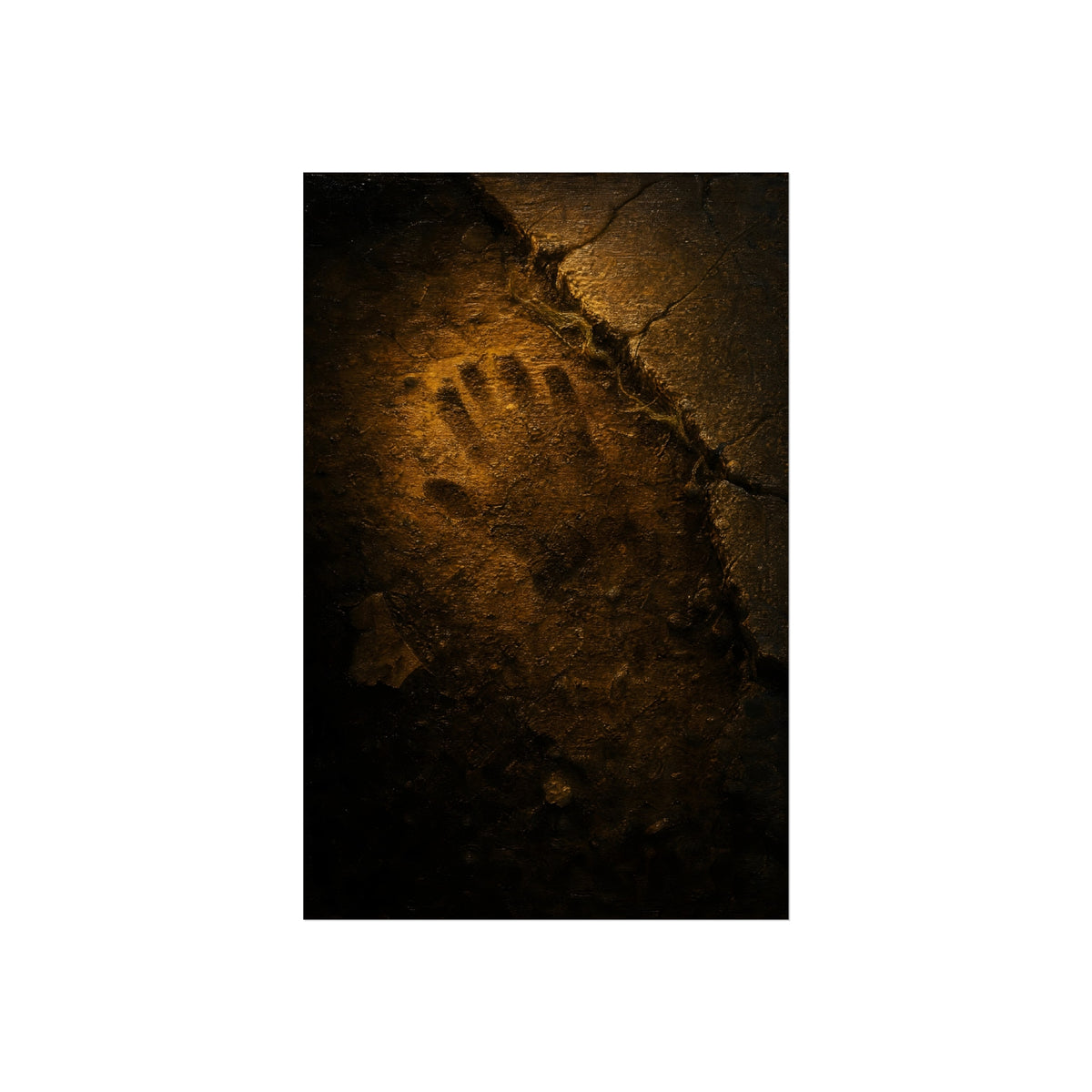A glove shaped imprint left in cracked asphalt under warm light. The Assumption, or: What Remains by Garabaggio, fine art print hanging in a room.