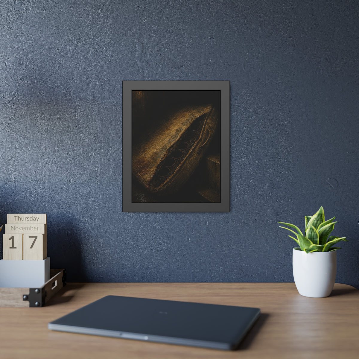 A torn mattress propped on its side, coil springs showing through the split. The Showing of the Springs by Garabaggio, framed fine art print hanging in a room.