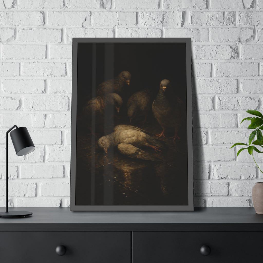 Four pigeons standing over a dead pigeon on wet pavement. The Lamentation by Garabaggio, framed fine art print hanging in a room.