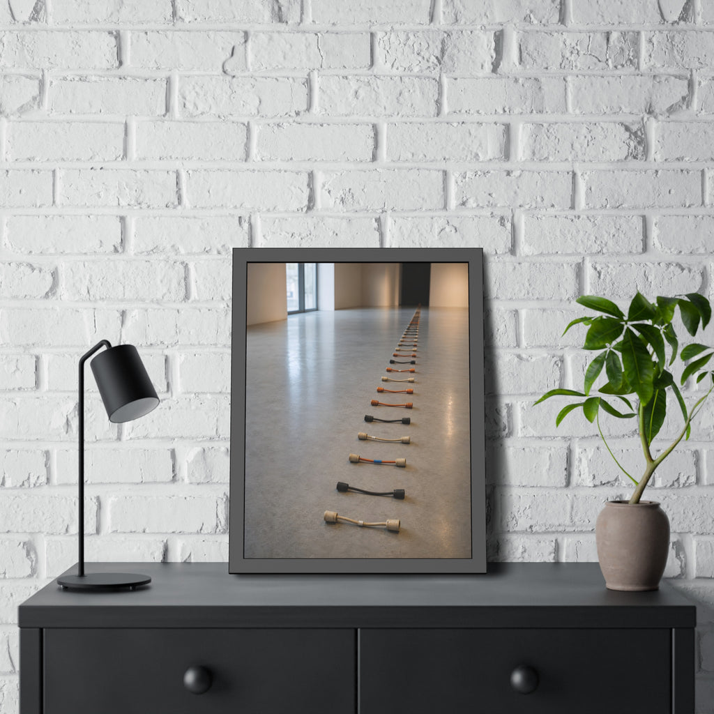 A long line of cut extension cord ends laid across a pale gallery floor. The Severed Procession by Garabaggio, framed fine art print hanging in a room.