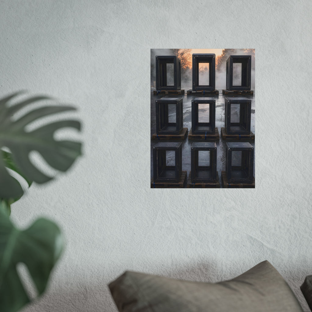 Nine empty black server racks on pallets in a wet lot at dawn. The Racks in the Morning Lot by Garabaggio, fine art print hanging in a room.