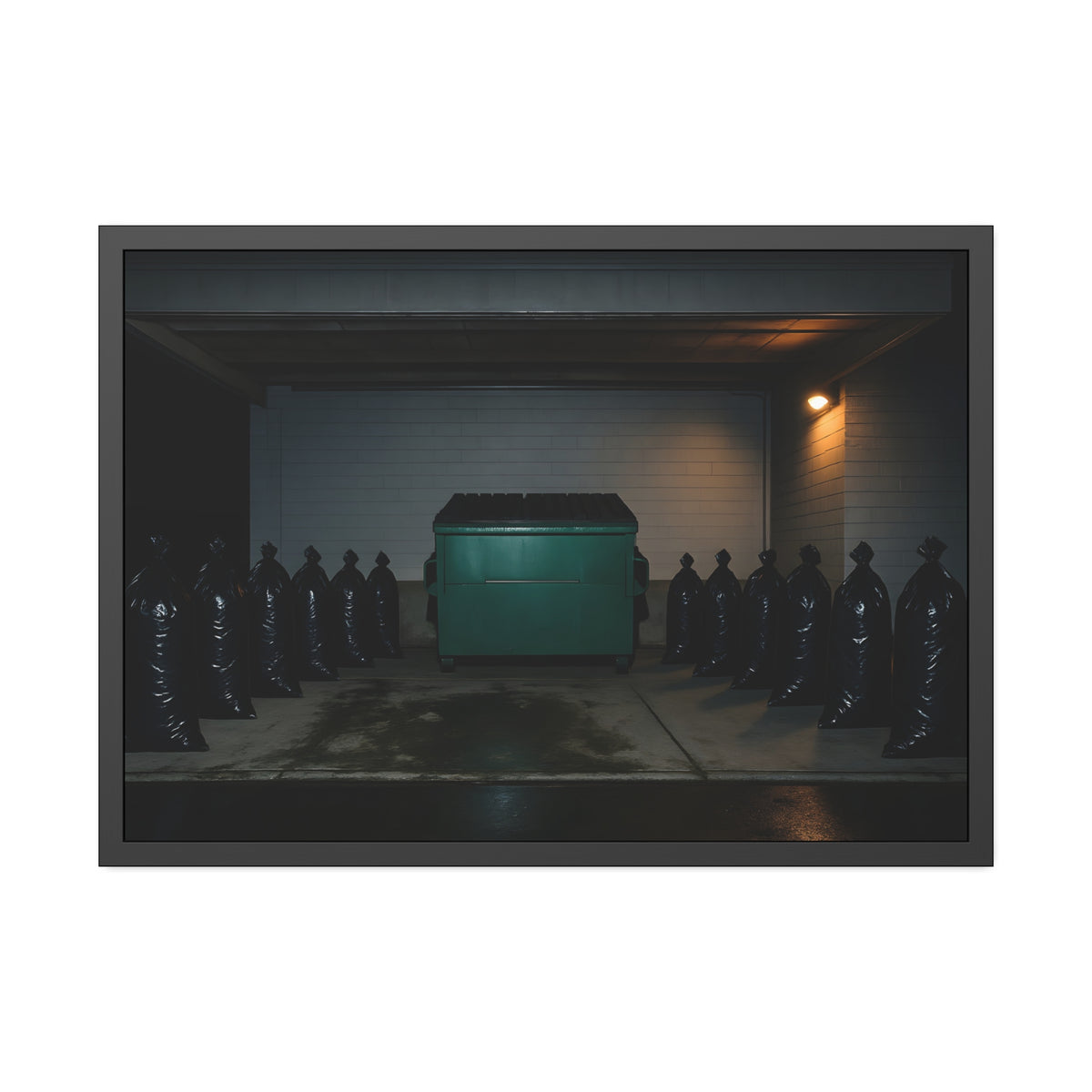 A green dumpster flanked by rows of black garbage bags under a lamp. Night Watch of the Loading Dock by Garabaggio, framed fine art print hanging in a room.
