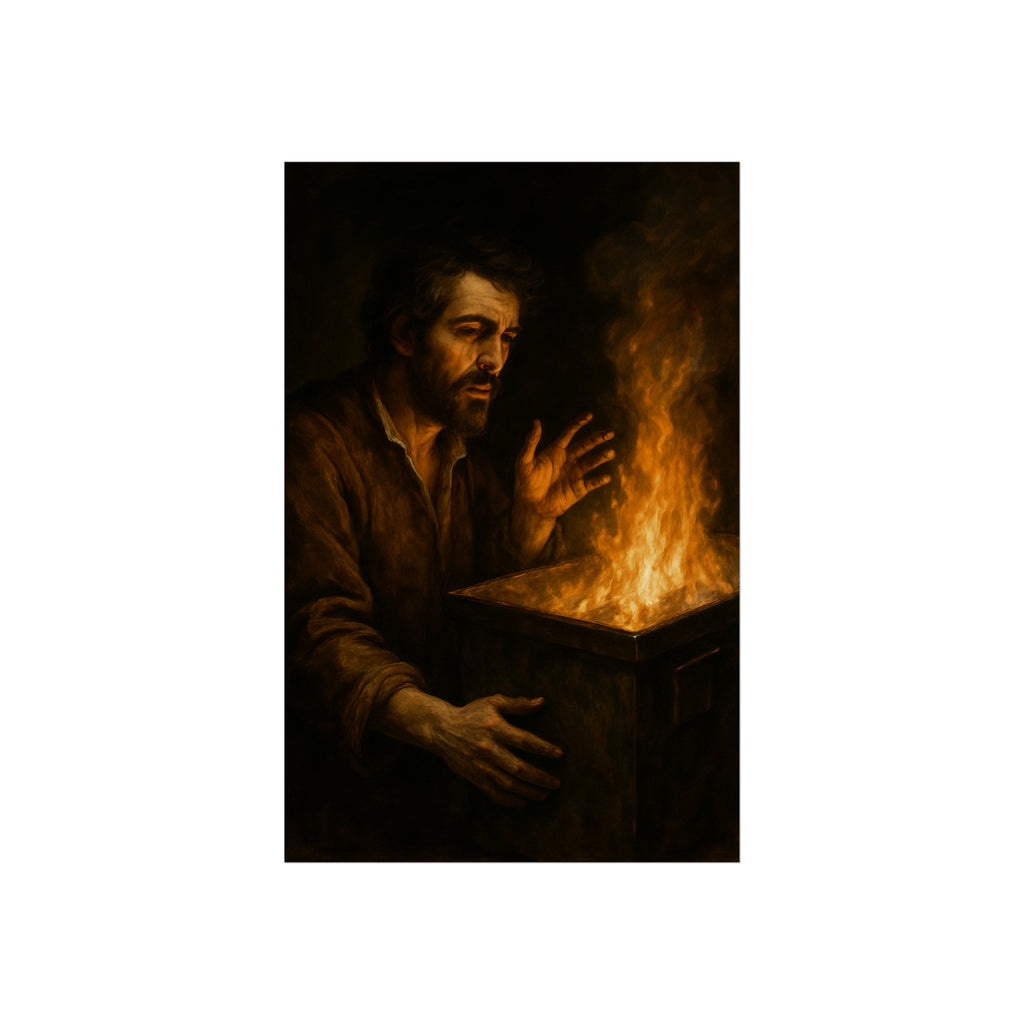 Man holding both hands toward the flames of a burning dumpster. Self-Portrait Warming the Hands by Garabaggio, fine art print hanging in a room.