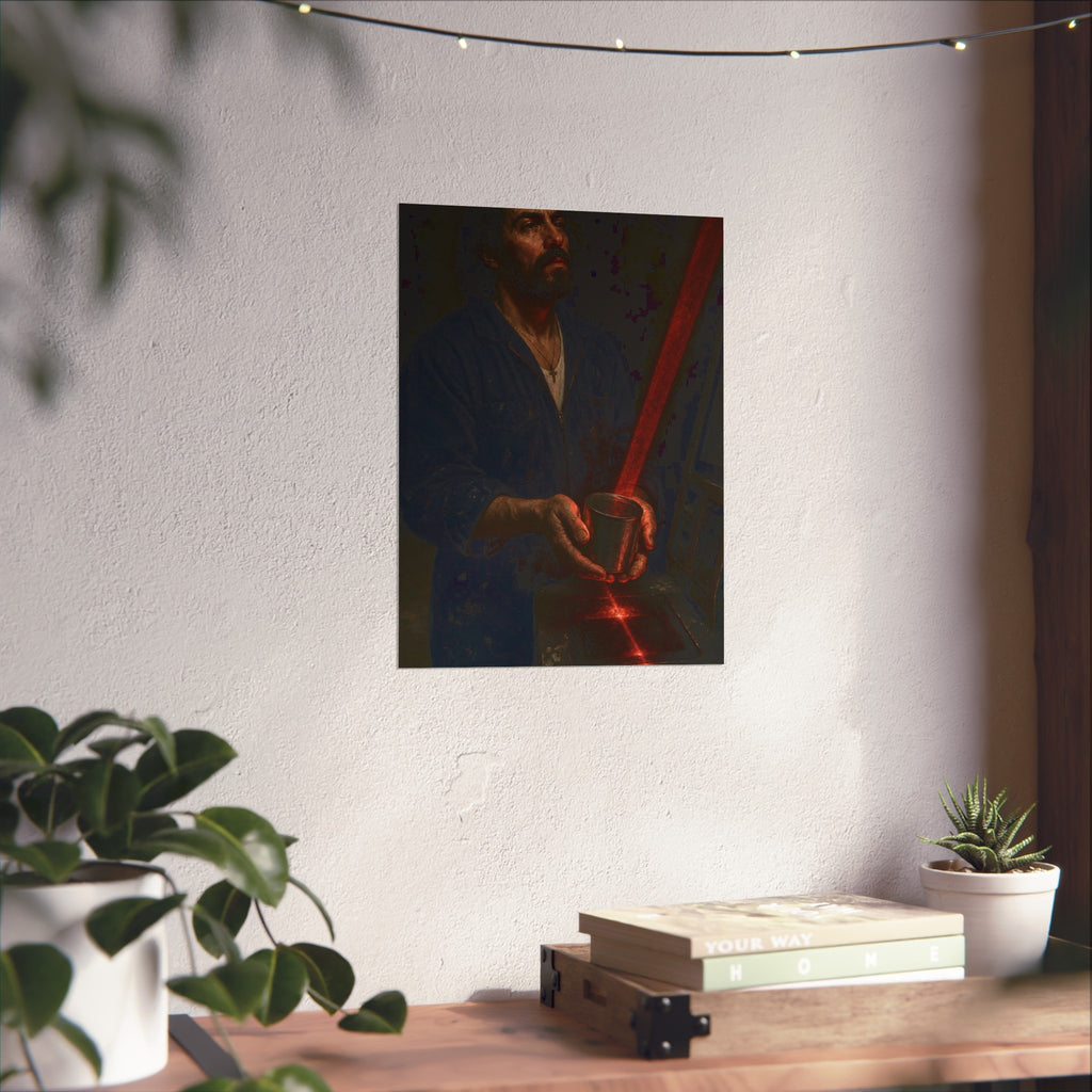 A man in blue coveralls holding a metal cup in a red scanner beam. The First Scan by Garabaggio, fine art print hanging in a room.