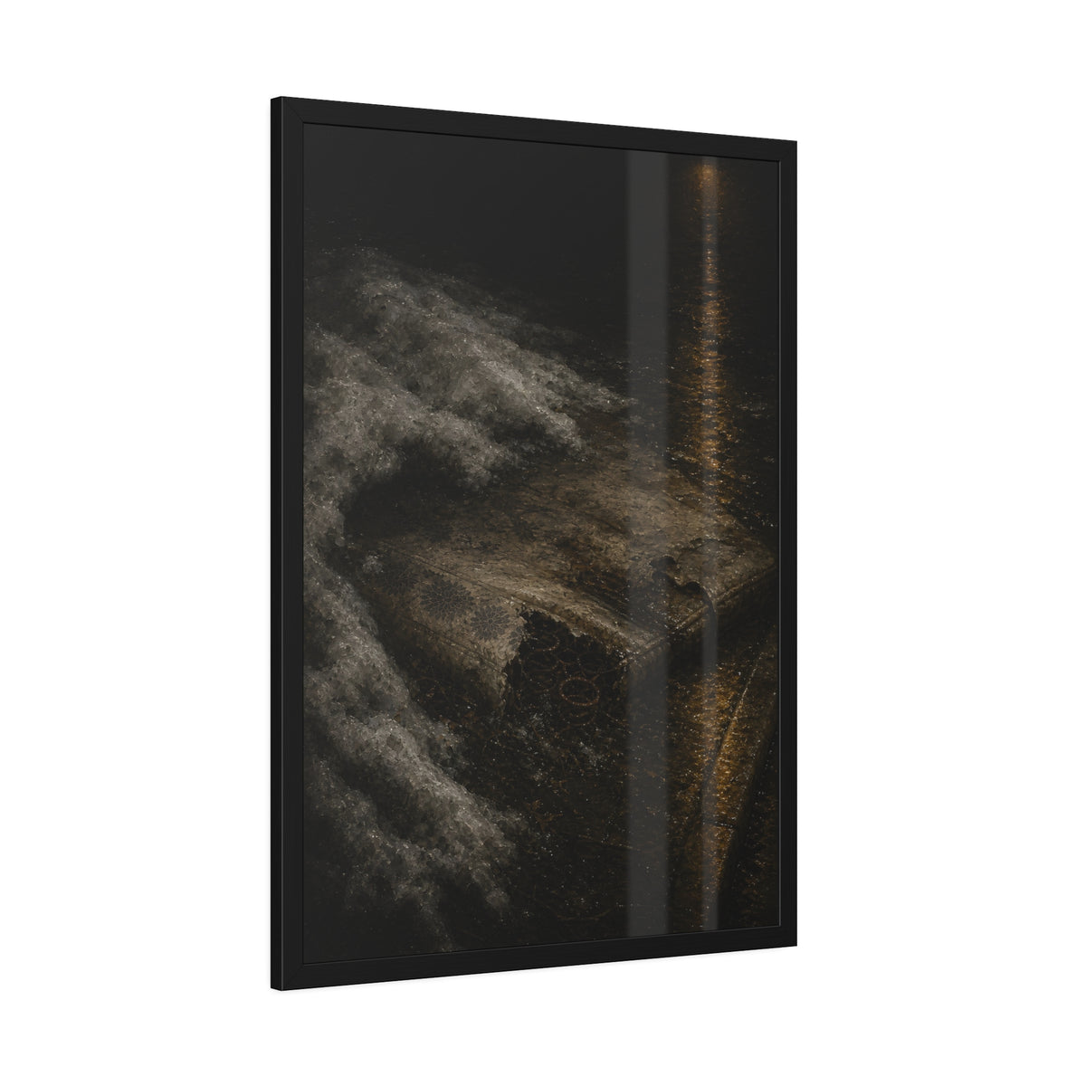 A soaked mattress in melting snow at the curb beside a wet street. The Thaw by Garabaggio, framed fine art print hanging in a room.