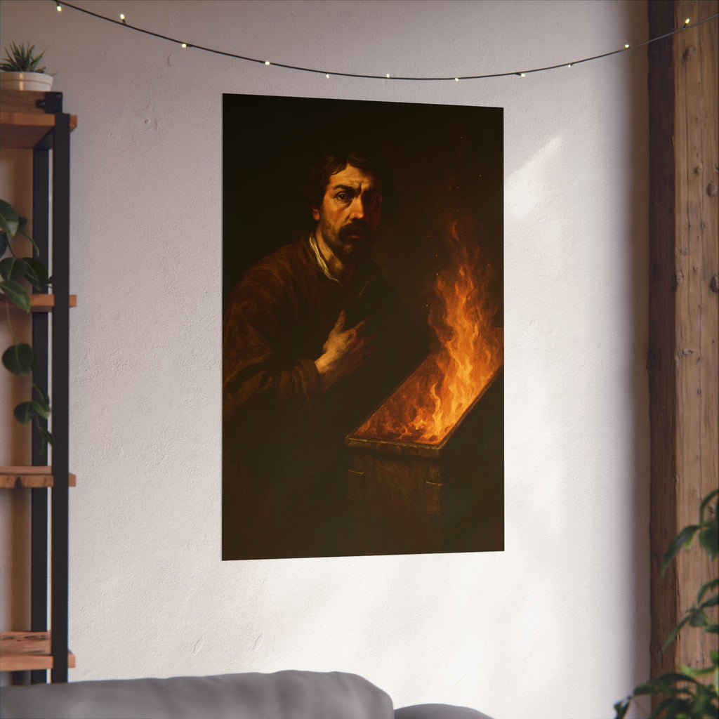 Man with a hand on his chest as flames run the length of a dumpster. Self-Portrait in the Final Hour by Garabaggio, fine art print hanging in a room.
