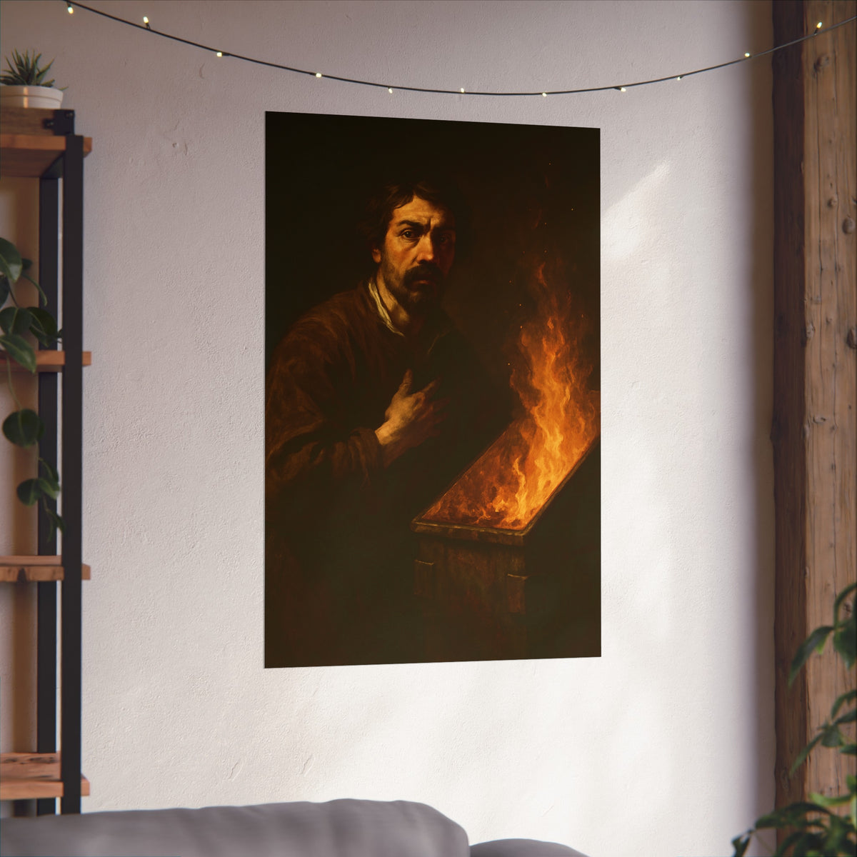 Man with a hand on his chest as flames run the length of a dumpster. Self-Portrait in the Final Hour by Garabaggio, fine art print hanging in a room.