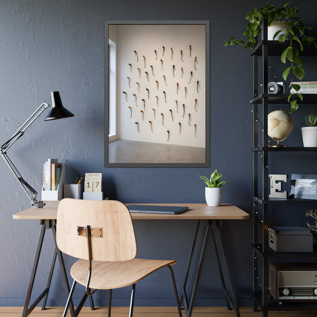 Dozens of cut cord ends pinned across a white gallery wall by a window. The Empty Socket Constellation by Garabaggio, framed fine art print hanging in a room.