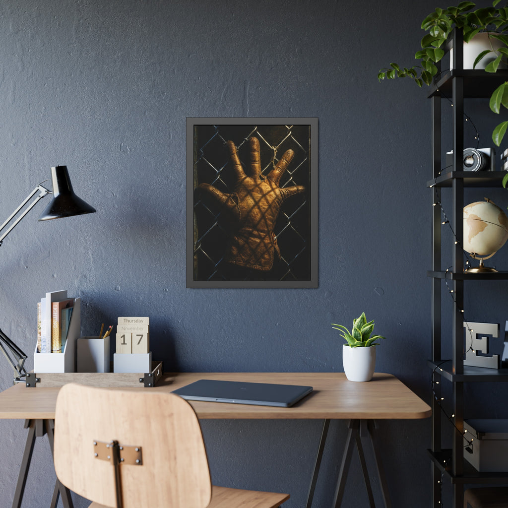 A leather work glove splayed palm out against chain-link wire. The Crucifixion on Chain-Link (Framed) by Garabaggio, framed fine art print hanging in a room.