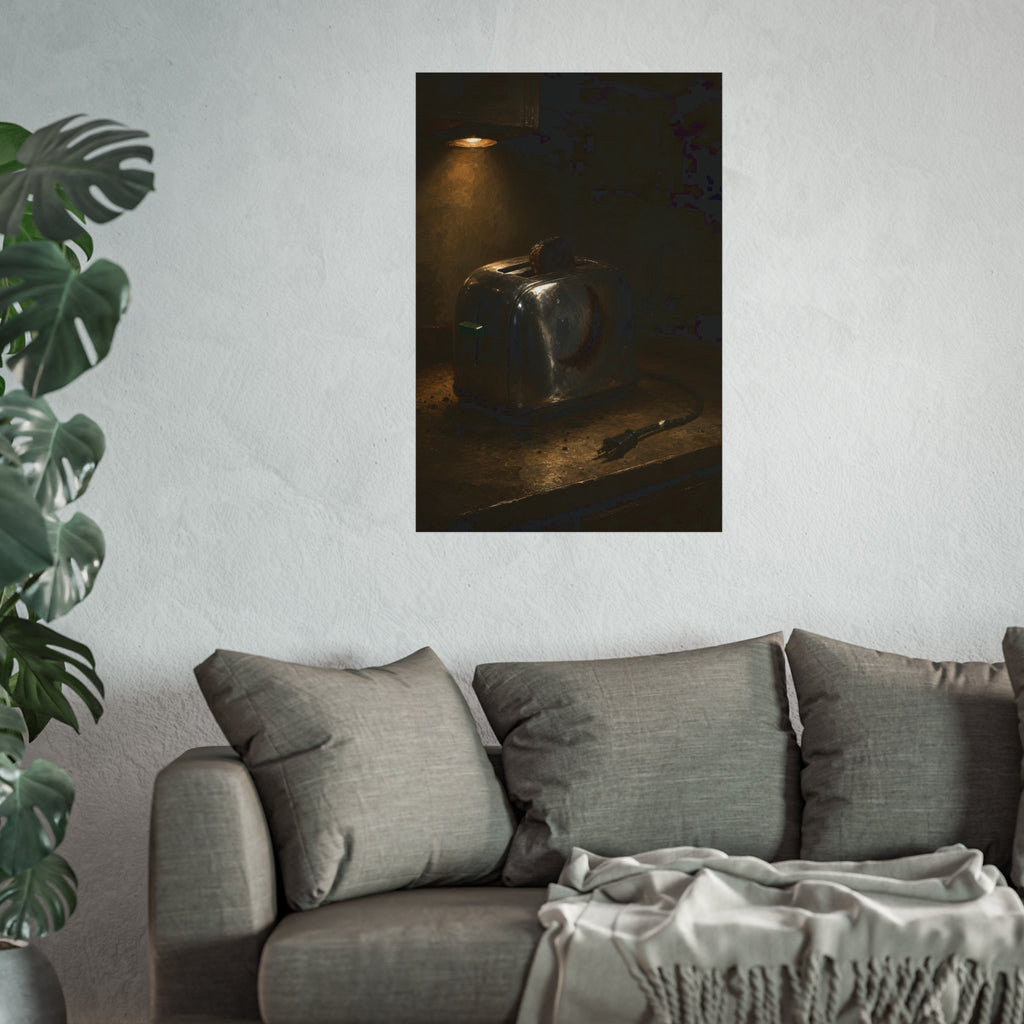 Scorched toaster with burnt toast on a counter under a cabinet light. Breakfast Interrupted by Garabaggio, fine art print hanging in a room.