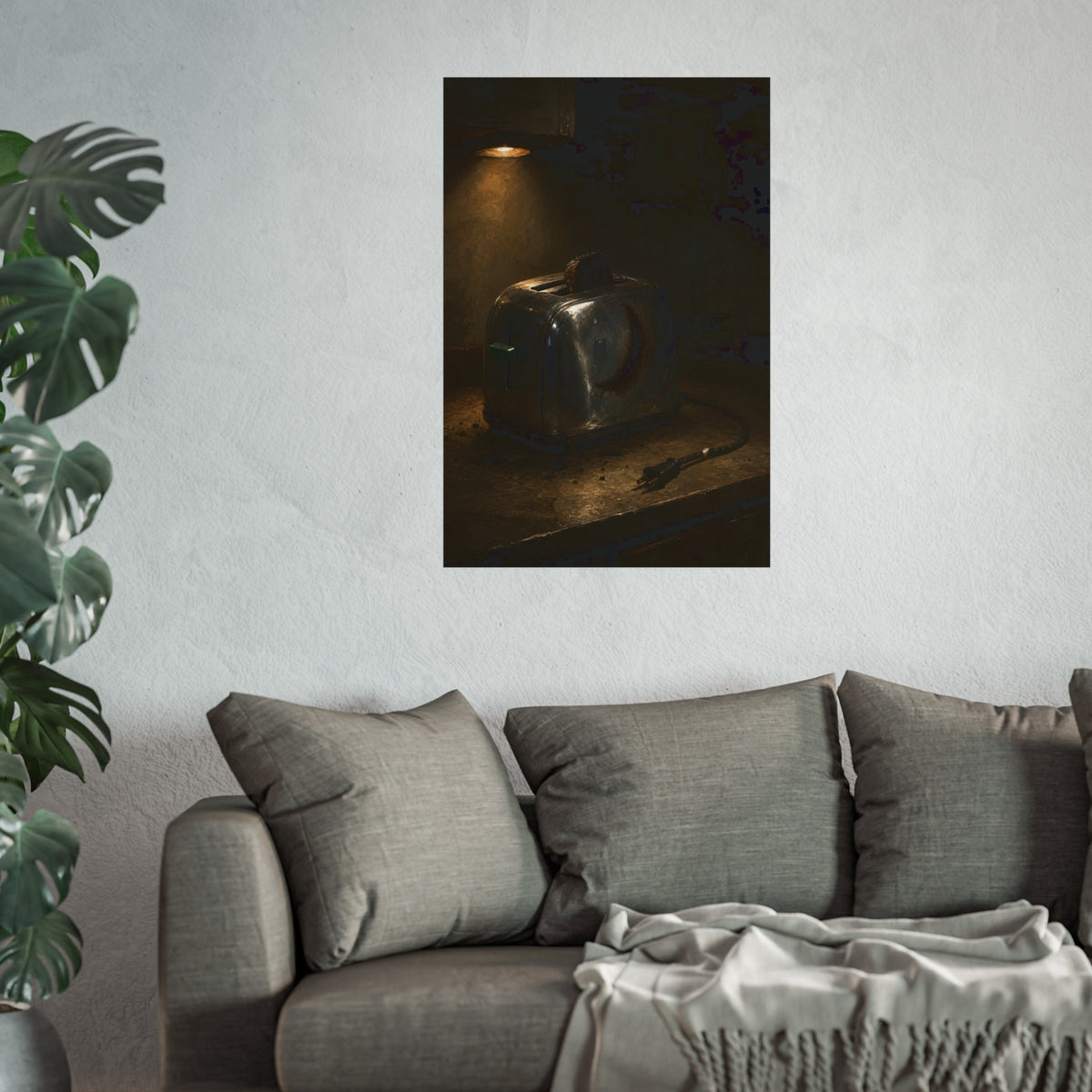 Scorched toaster with burnt toast on a counter under a cabinet light. Breakfast Interrupted by Garabaggio, fine art print hanging in a room.