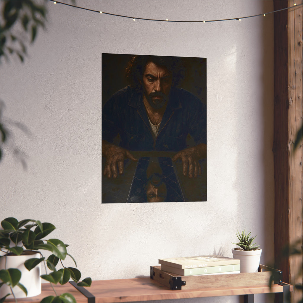 A bearded man in coveralls looking down at his face in a cracked screen. The Mirror After Midnight by Garabaggio, fine art print hanging in a room.
