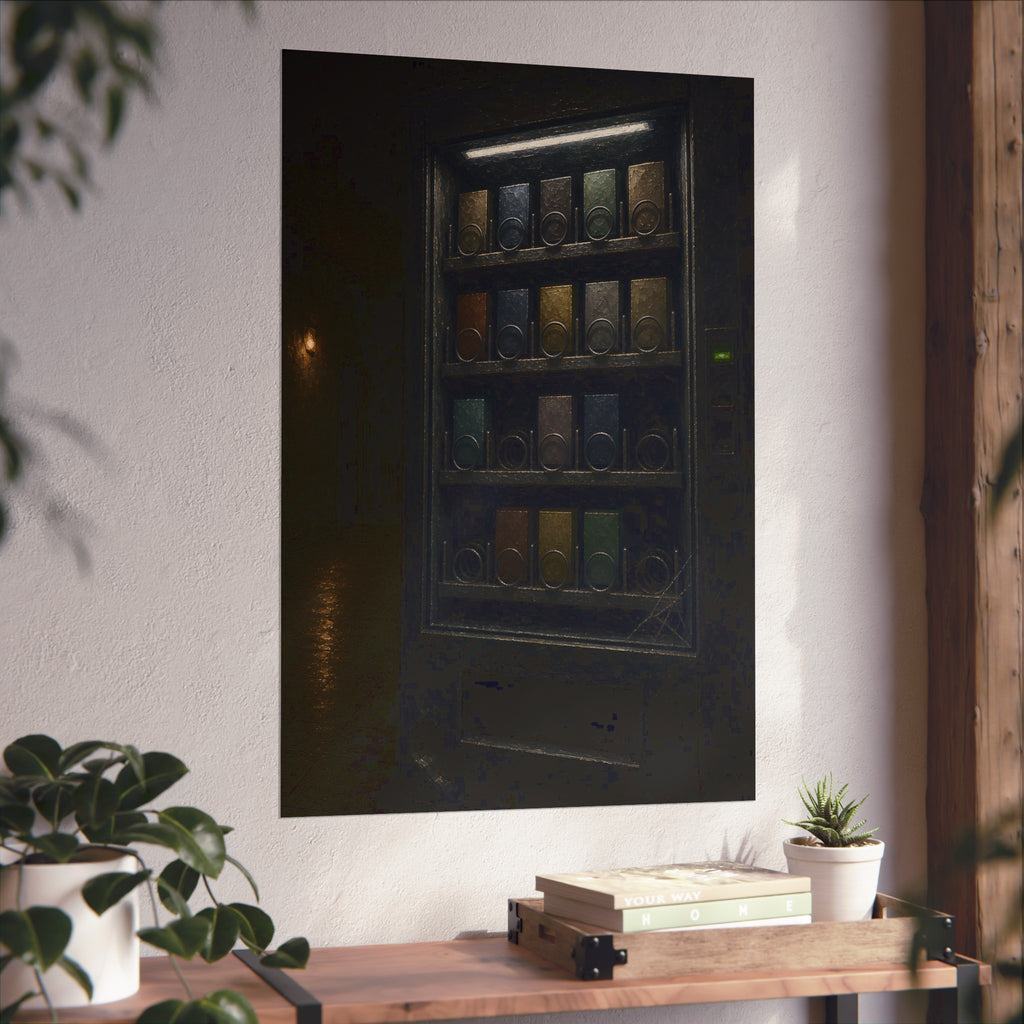 A vending machine with gaps in its rows lighting an empty hallway. The Gaps Spread by Garabaggio, fine art print hanging in a room.