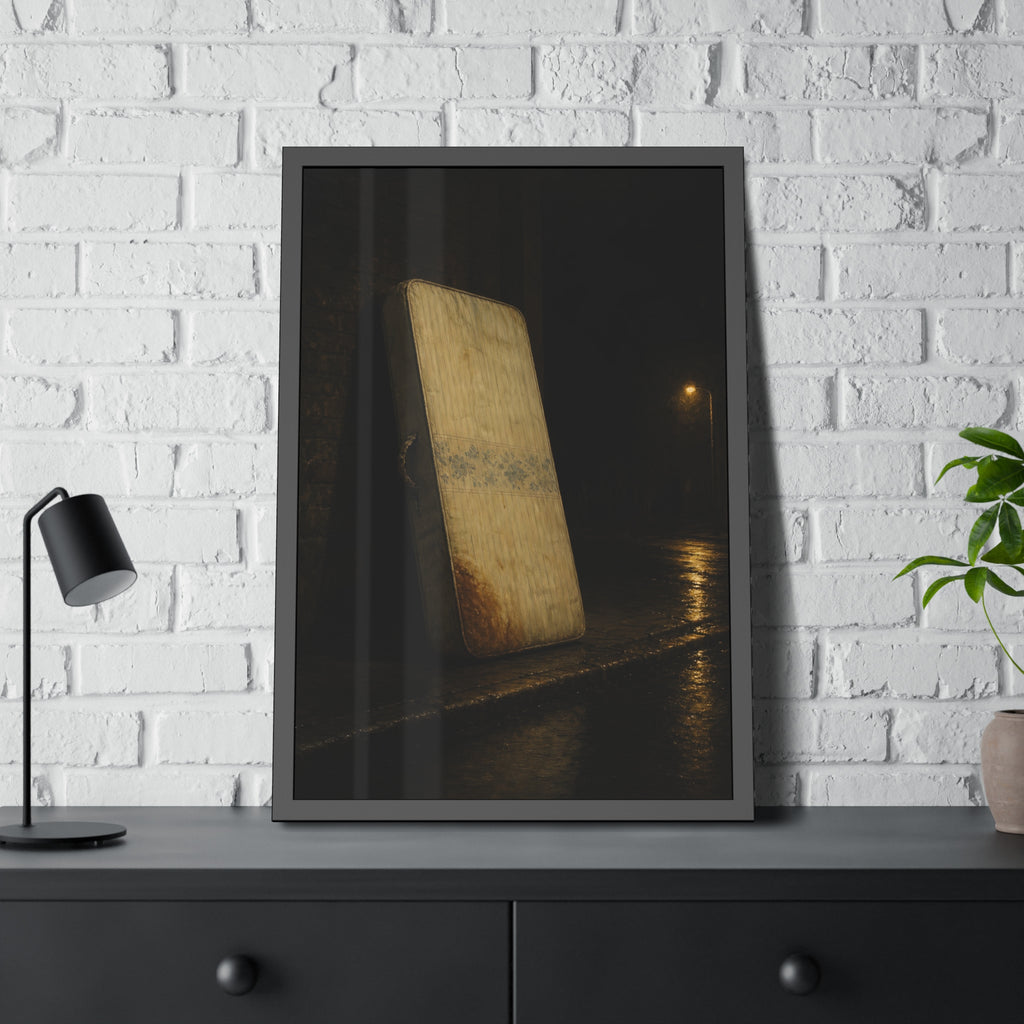 A stained mattress propped on a brick wall along a wet night street. The Presentation Against the Brick by Garabaggio, framed fine art print hanging in a room.