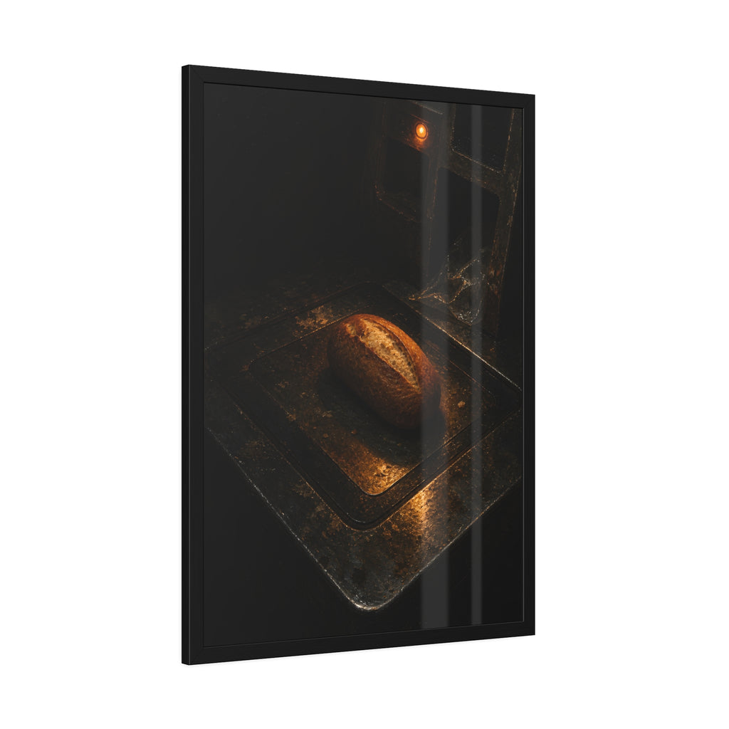 A loaf of bread alone on a dark self checkout weighing plate. The Witness at the Scale by Garabaggio, framed fine art print hanging in a room.