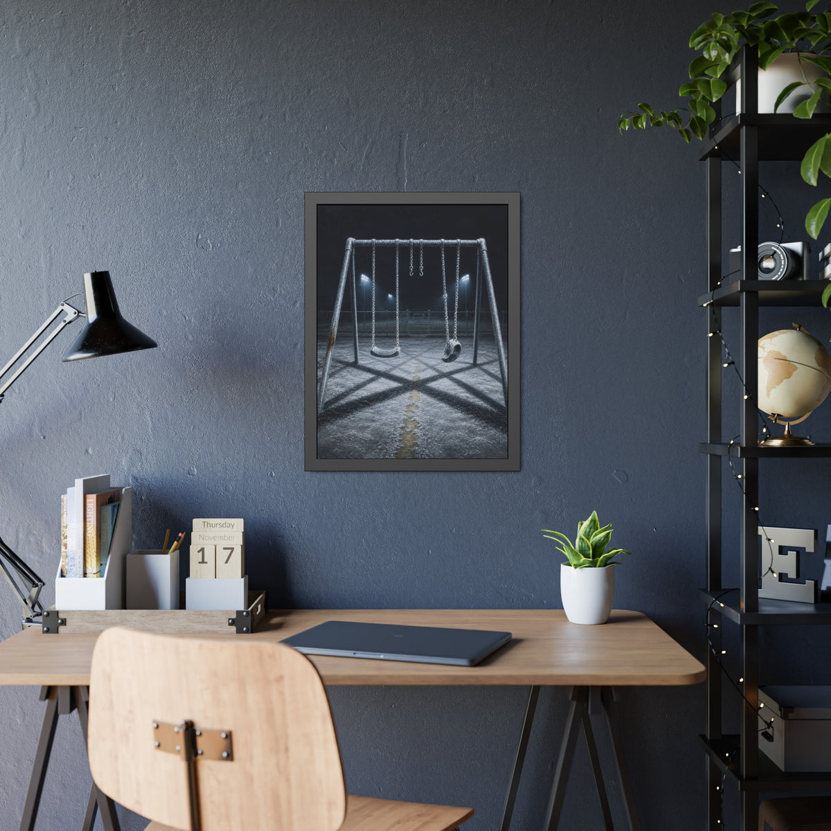 A frost covered swing set on empty asphalt under distant floodlights. The Third Hour: The Coldest Part by Garabaggio, framed fine art print hanging in a room.