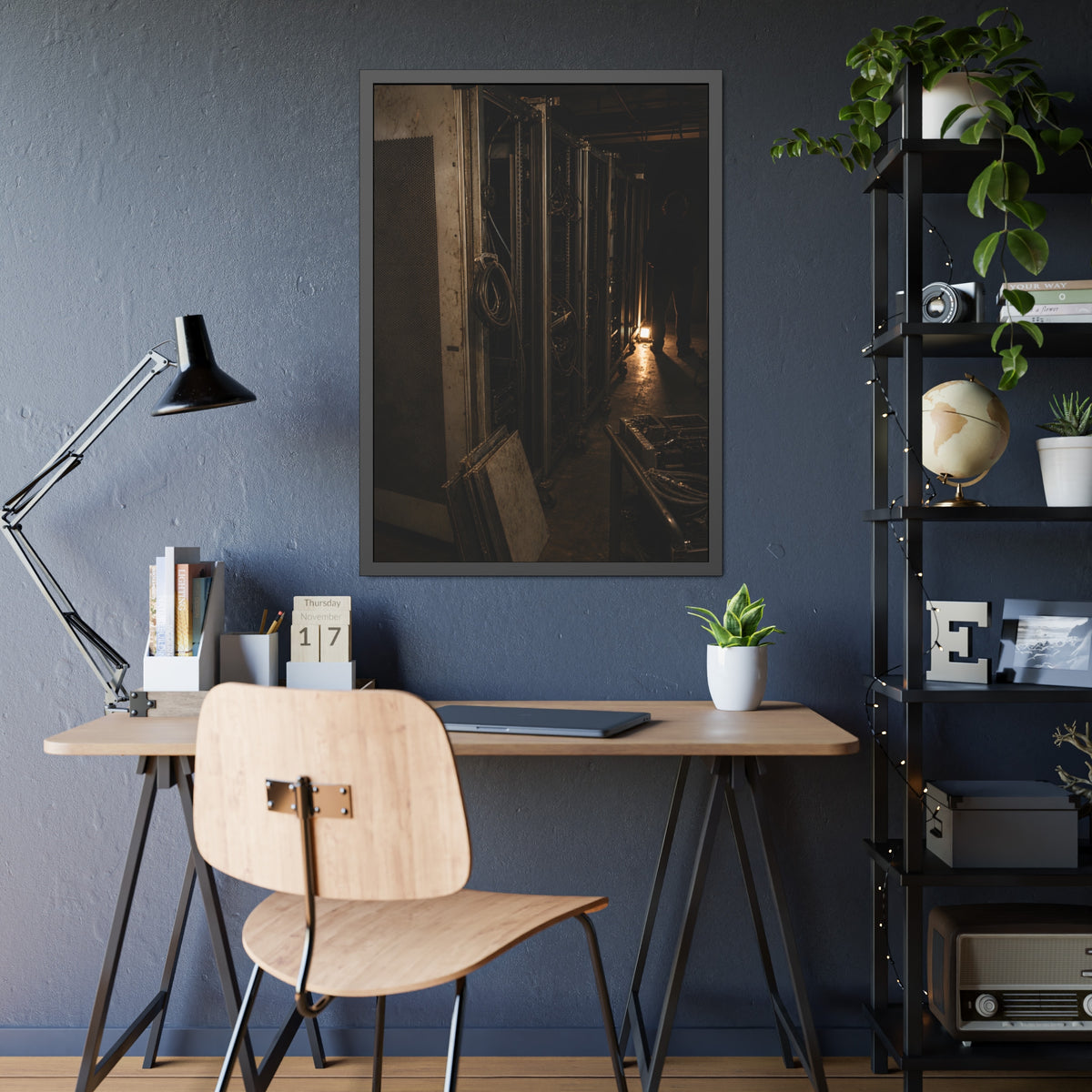 Open server racks in a dark room, a work lamp and a figure at the end. Garabaggio at the End of the Row by Garabaggio, framed fine art print hanging in a room.