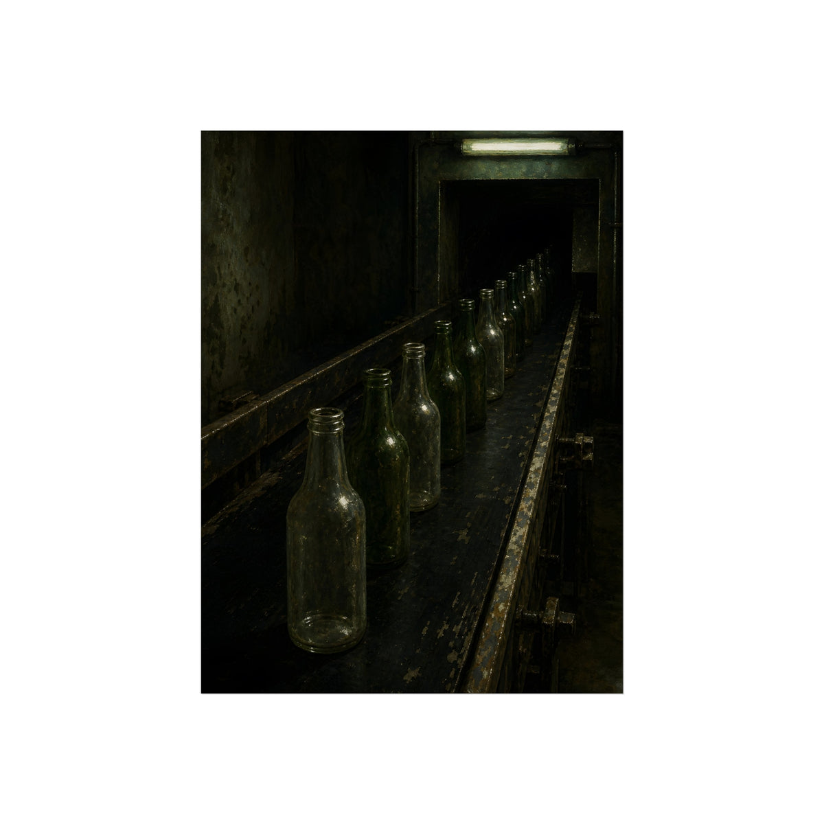 Empty glass bottles in a line on a conveyor under one fluorescent tube. The Procession of Bottles by Garabaggio, fine art print, 18″ x 24″.