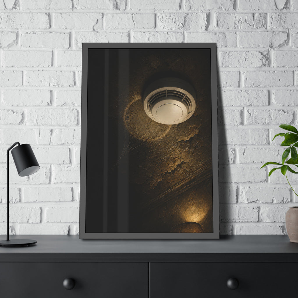 A new smoke detector on a stained ceiling next to an old mounting ring. The New Detector by Garabaggio, framed fine art print hanging in a room.