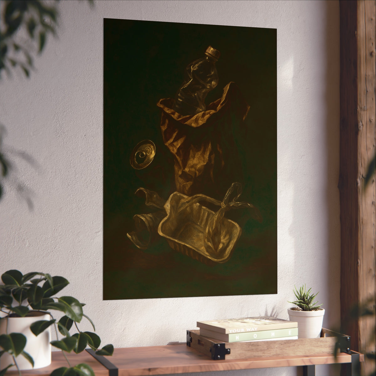 A paper bag, crushed bottle and foil tray lit against deep darkness. Reliquary of the Takeout by Garabaggio, fine art print hanging in a room.