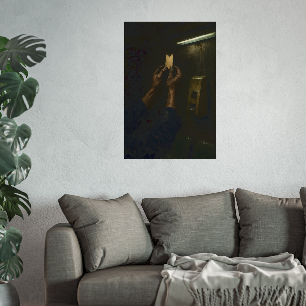 Weathered hands holding a paper queue ticket under a fluorescent tube. The First Number by Garabaggio, fine art print hanging in a room.