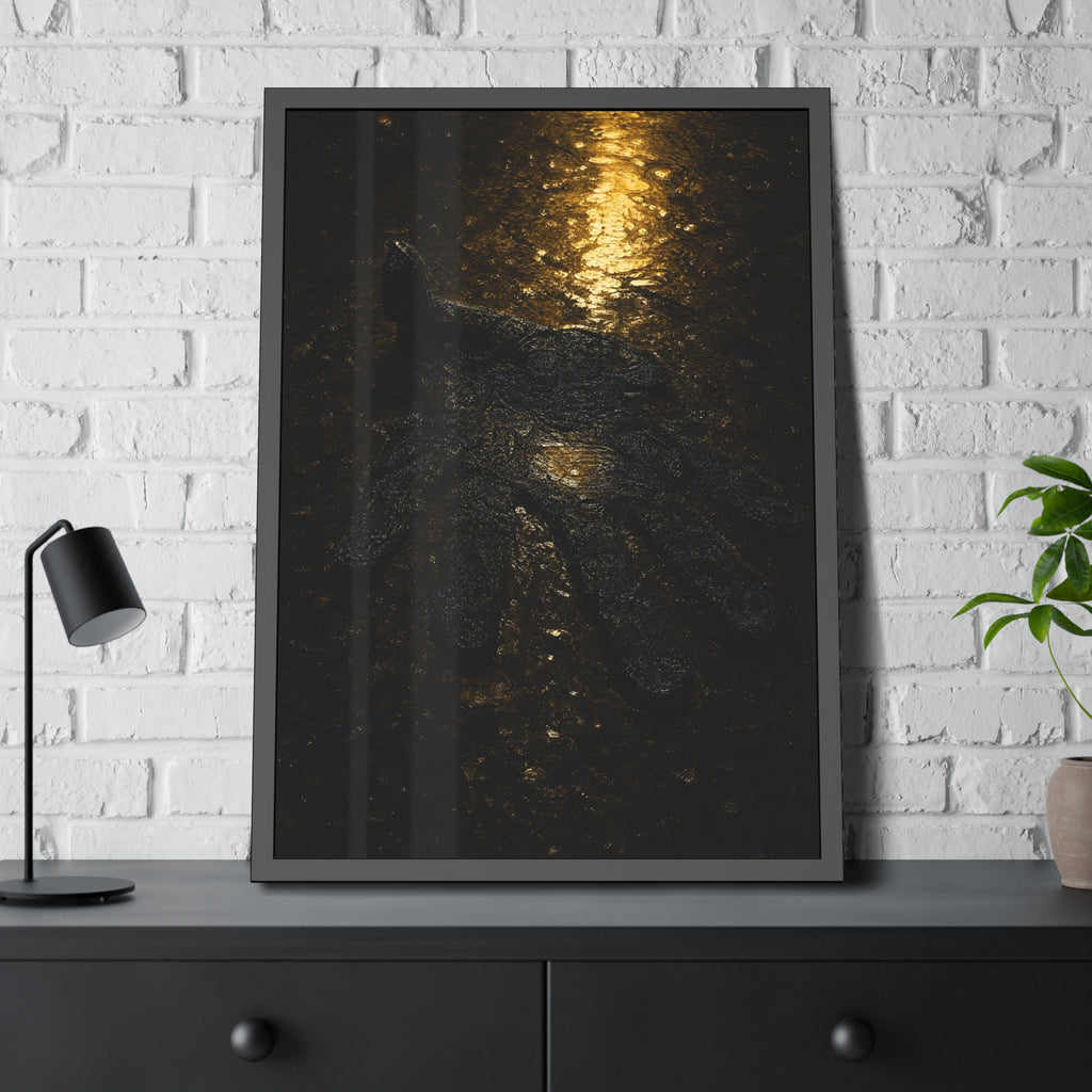 A flattened black glove pressed into wet asphalt beside a light streak. The Flattening, Study No. 1 by Garabaggio, framed fine art print hanging in a room.
