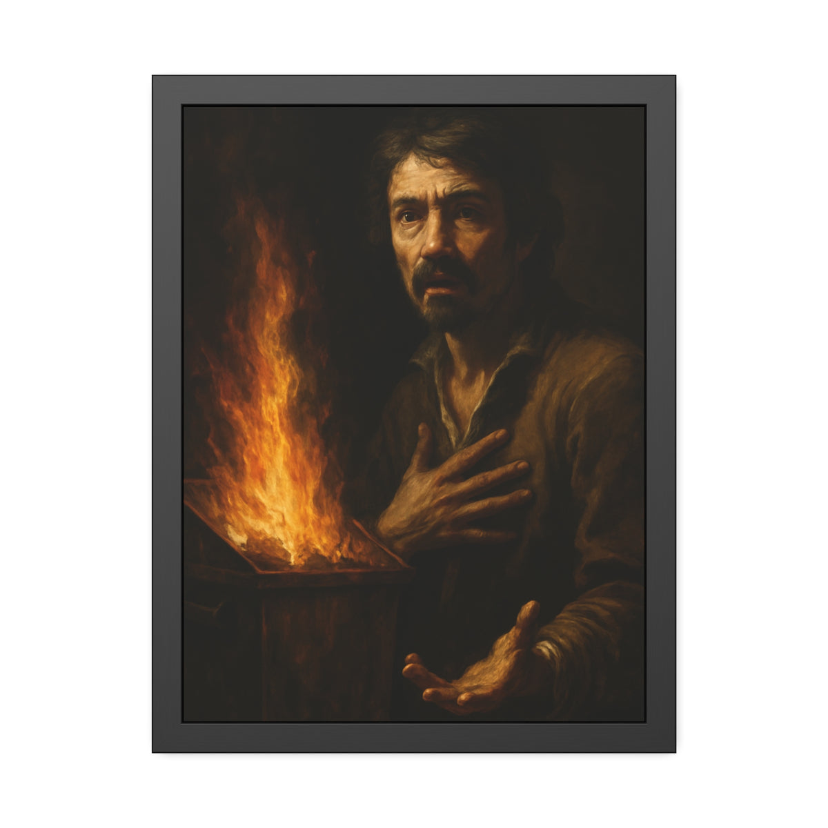 Man reaching an open palm toward a dumpster fire at his left. Self-Portrait as the Doubting Thomas by Garabaggio, framed fine art print hanging in a room.