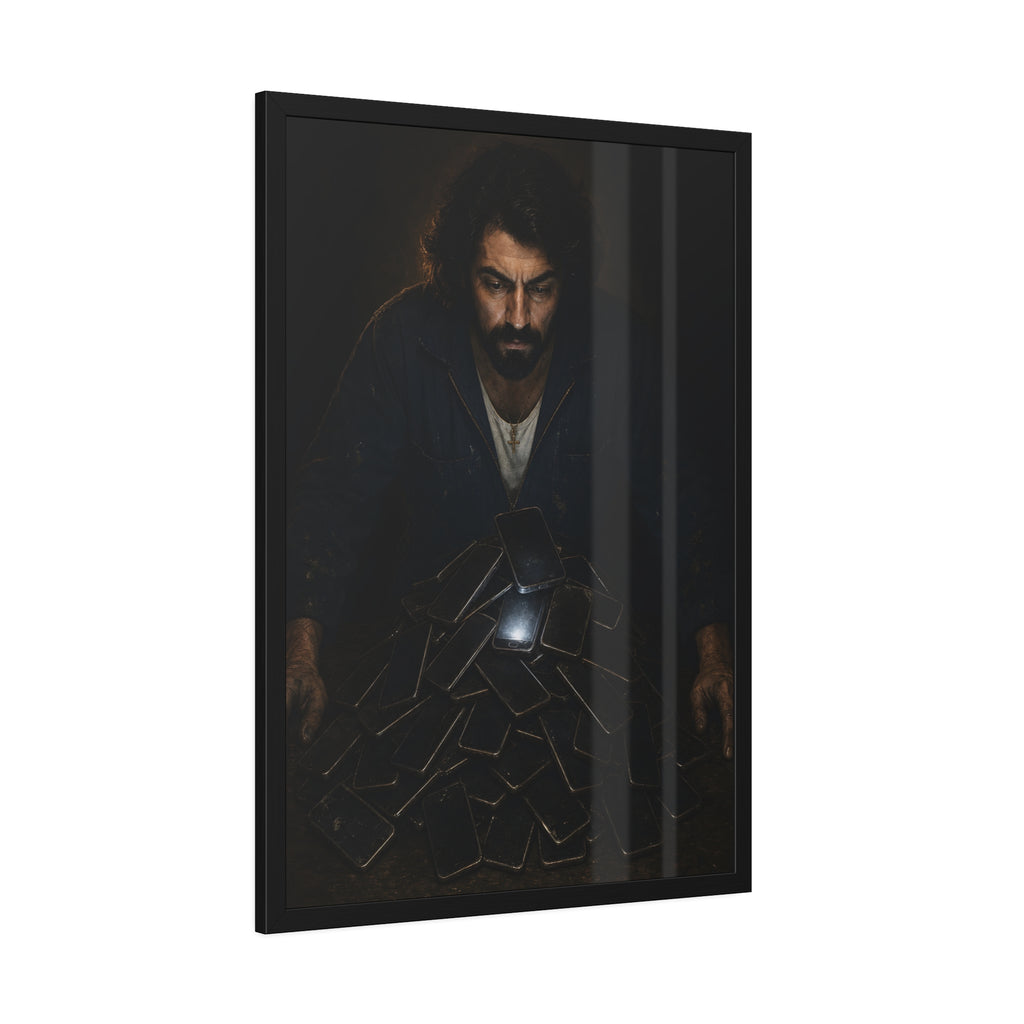 A bearded man leaning over a pile of dark phones, one screen lit. The Last Notification by Garabaggio, framed fine art print hanging in a room.
