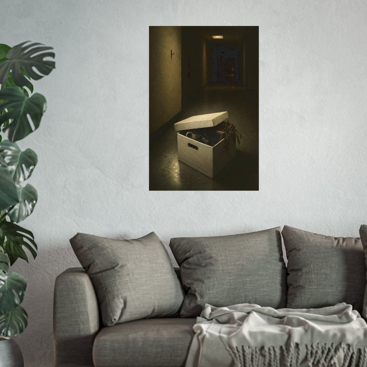 An open box of desk items on the floor of a dim office hallway. The Box of Personal Effects by Garabaggio, fine art print hanging in a room.