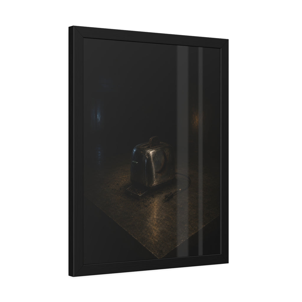 A scorched chrome toaster alone on a metal counter in a dark room. The Cooling on Steel by Garabaggio, framed fine art print hanging in a room.