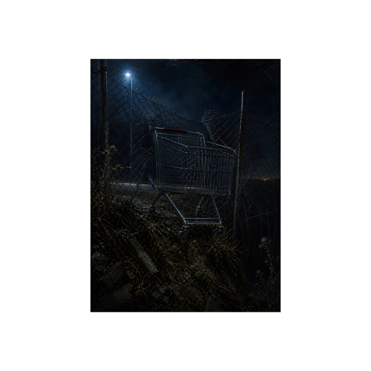 A shopping cart wedged in a chain link fence under a streetlamp. The Abandonment at the Ravine Fence by Garabaggio, fine art print, 12″ x 16″.