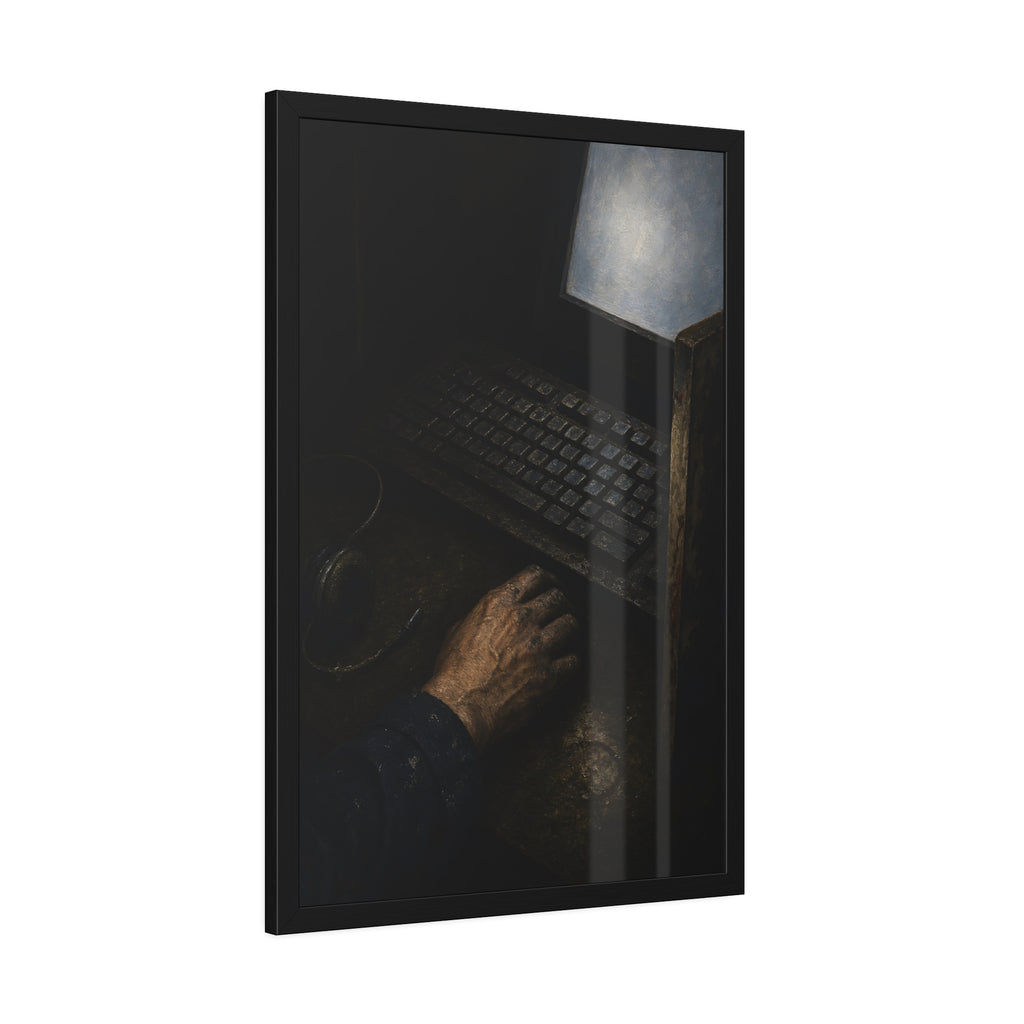 A hand on a mouse beside a grimy keyboard and a pale glowing screen. Login Before Dawn by Garabaggio, framed fine art print hanging in a room.