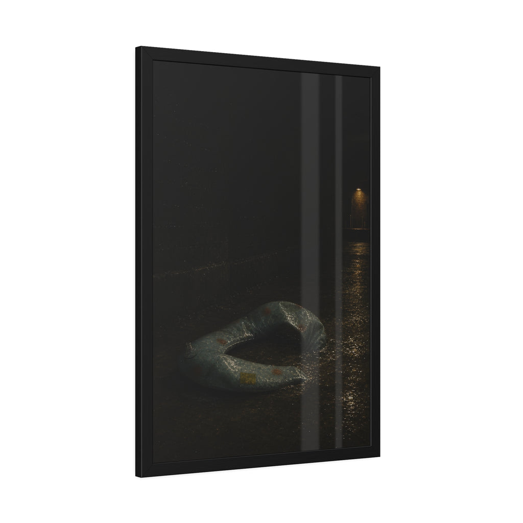 A deflated pool float ring on wet alley pavement, a lit doorway far behind. The Crossing of the Alley by Garabaggio, framed fine art print hanging in a room.