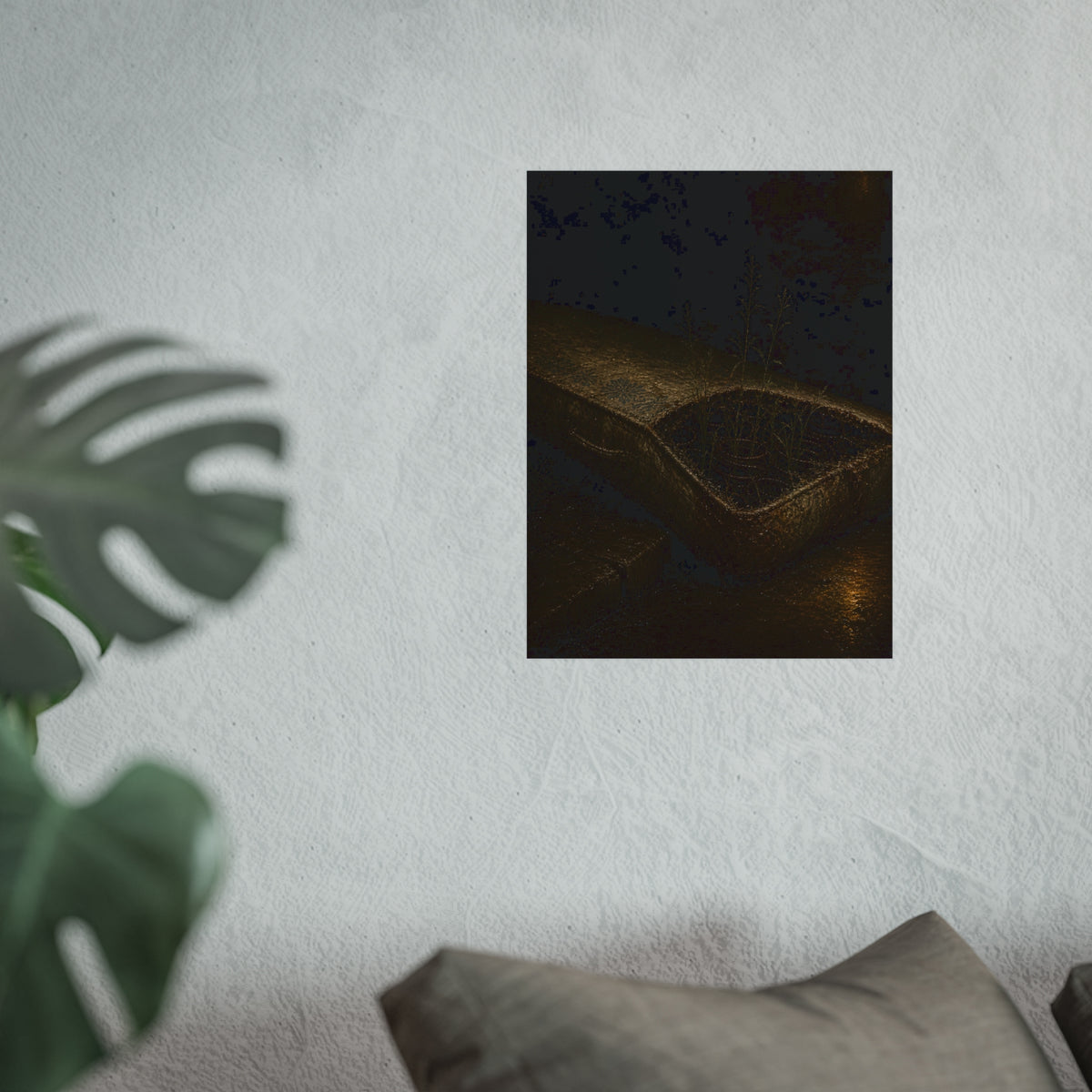 Weeds growing through a torn mattress left at a wet curb at night. The Rooting of Weeds by Garabaggio, fine art print hanging in a room.