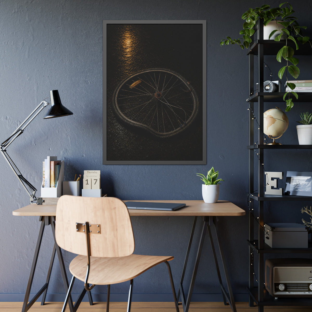 A buckled bicycle wheel on wet asphalt beneath a streetlight reflection. The Bend from Impact by Garabaggio, framed fine art print hanging in a room.