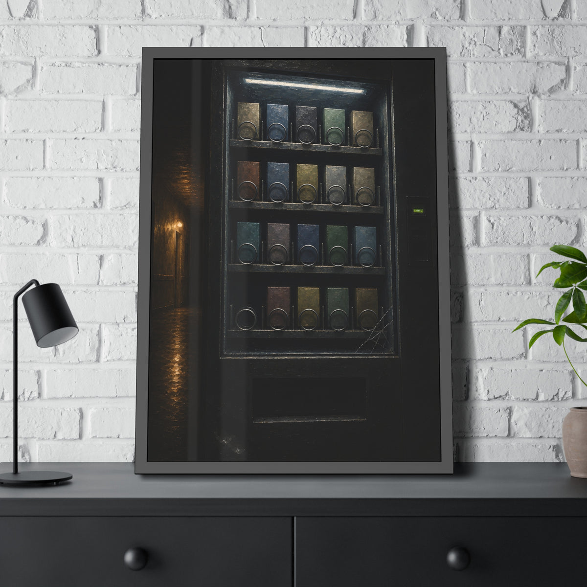 Rows of coils behind the lit glass of a vending machine in a dark hall. The First Empty Spiral by Garabaggio, framed fine art print hanging in a room.