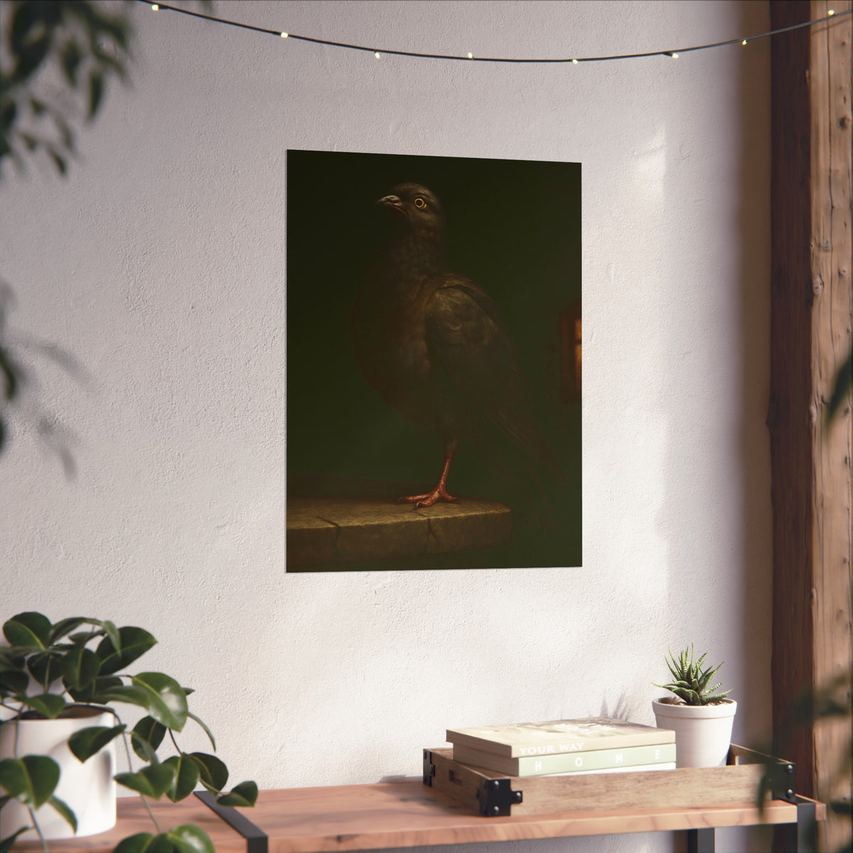 A pigeon standing on a cracked stone ledge in near darkness. The Martyrdom of the One-Legged Saint by Garabaggio, fine art print hanging in a room.