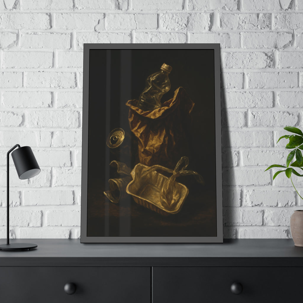 A paper bag, crushed bottle and foil tray lit against deep darkness. Reliquary of the Takeout by Garabaggio, framed fine art print hanging in a room.