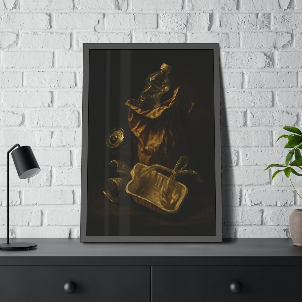 A paper bag, crushed bottle and foil tray lit against deep darkness. Reliquary of the Takeout by Garabaggio, framed fine art print hanging in a room.