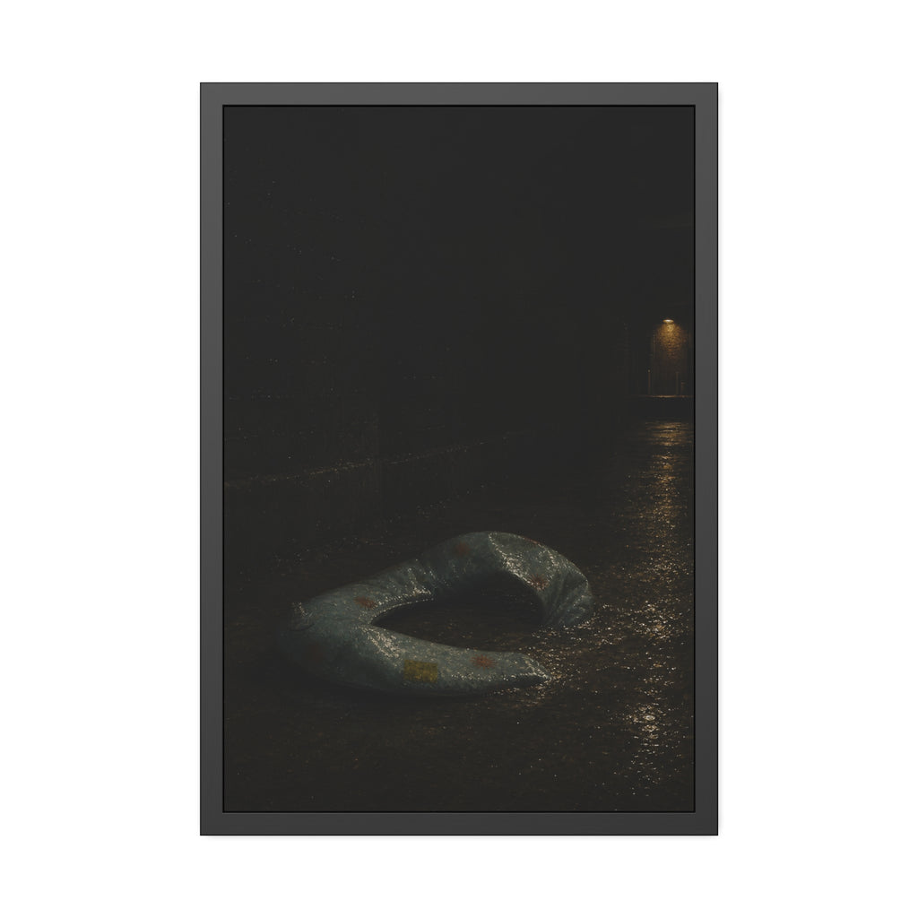 A deflated pool float ring on wet alley pavement, a lit doorway far behind. The Crossing of the Alley by Garabaggio, framed fine art print, 24″ x 36″.