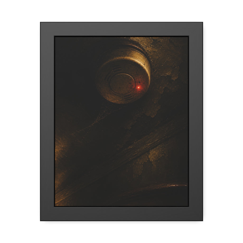 A smoke detector on a stained ceiling, its red light on, cobweb below. The Watch Above Sleep by Garabaggio, framed fine art print, 11″ x 14″.