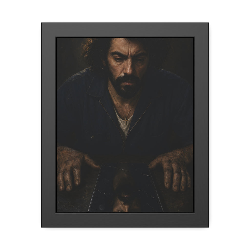 A bearded man in coveralls looking down at his face in a cracked screen. The Mirror After Midnight by Garabaggio, framed fine art print, 11″ x 14″.